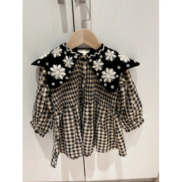 BONJOUR DIARY 天鵝絨領金銀絲格紋洋裝 TUNIQUE Vichy Lurex / Black velvet collar image 1 of 0