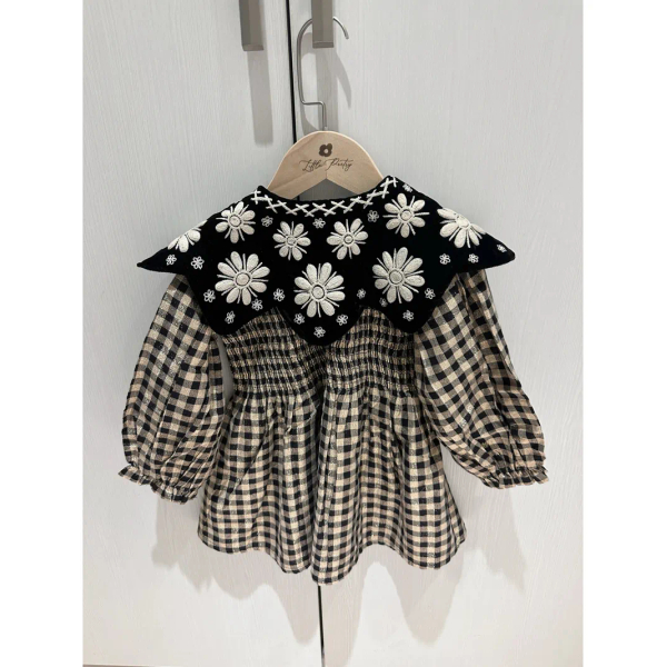 BONJOUR DIARY 天鵝絨領金銀絲格紋洋裝 TUNIQUE Vichy Lurex / Black velvet collar image 1 of 0