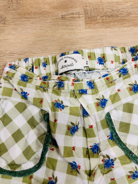 綠格紋藍花蕾絲口袋寬褲 image 1 of 0