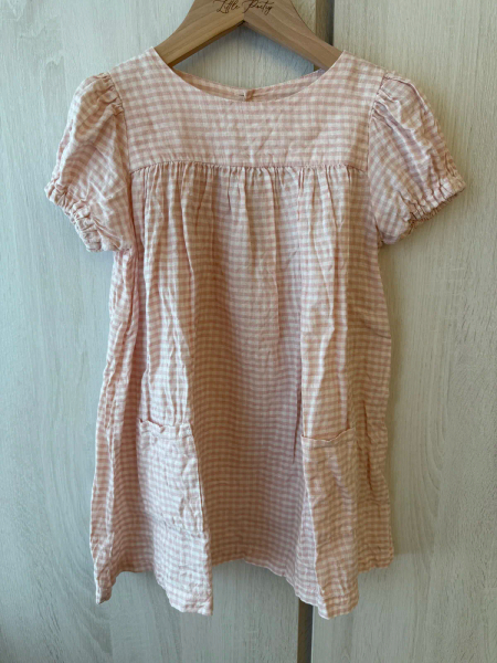 粉格亞麻材質泡泡袖洋裝 image 1 of 0
