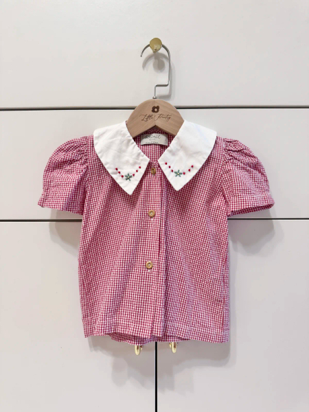 紅格紋刺繡小尖領上衣 image 1 of 0