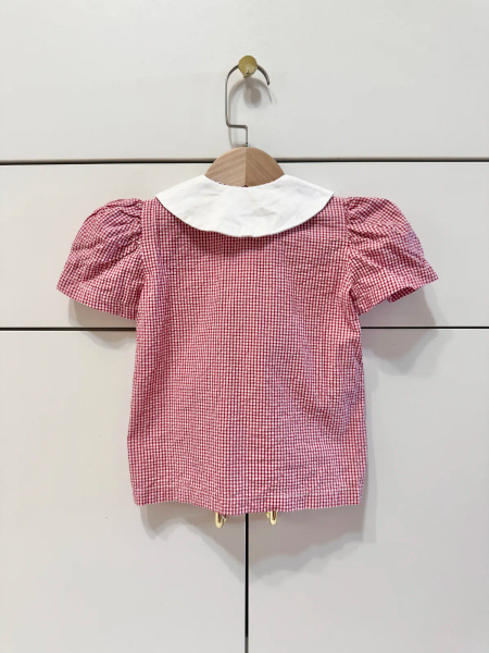紅格紋刺繡小尖領上衣 image 1 of 0