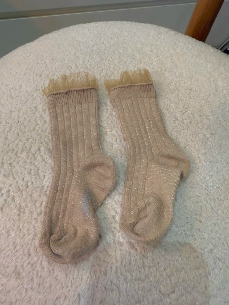 Alizée Glitter Ribbed Crew Socks with Tulle Trim Petite Taupe 21/23 image 1 of 0