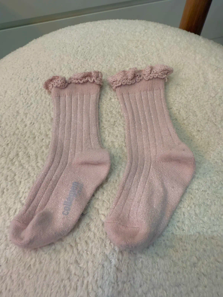 Victorine Glitter Ribbed Crew Socks with Lace Trim	Vieux Rose	21/23 image 1 of 0