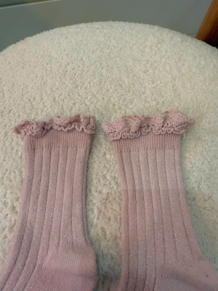 Victorine Glitter Ribbed Crew Socks with Lace Trim	Vieux Rose	21/23 image 1 of 0