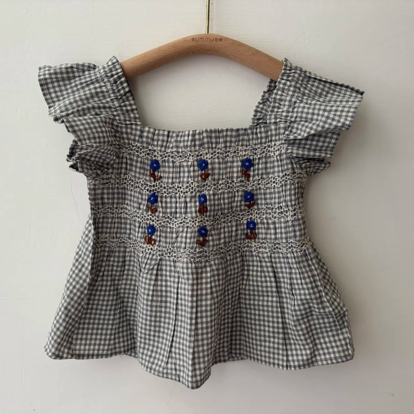 小花刺繡格紋小飛袖上衣 image 1 of 0