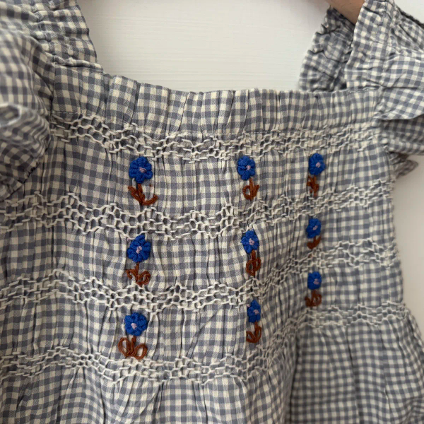 小花刺繡格紋小飛袖上衣 image 1 of 0