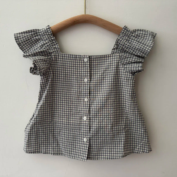 小花刺繡格紋小飛袖上衣 image 1 of 0