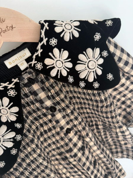 黑色刺繡蕾絲領絲絨洋裝 4Y image 1 of 0