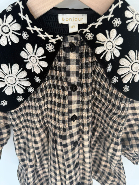 黑色刺繡蕾絲領絲絨洋裝 4Y image 1 of 0