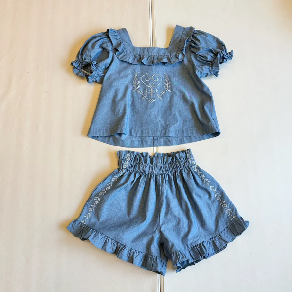 法式單寧刺繡荷葉套裝 image 1 of 0