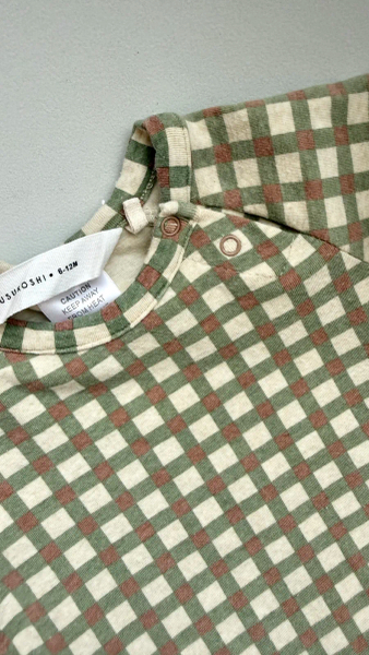 Susukoshi 有機棉橄欖棕格紋短袖上衣 image 1 of 0