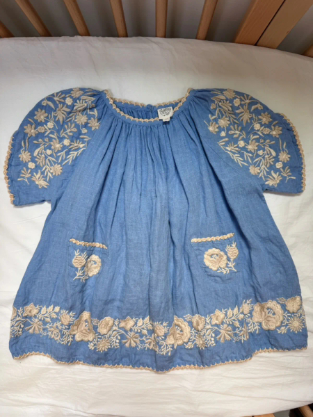 刺繡花卉圓領短袖棉麻洋裝 image 1 of 0