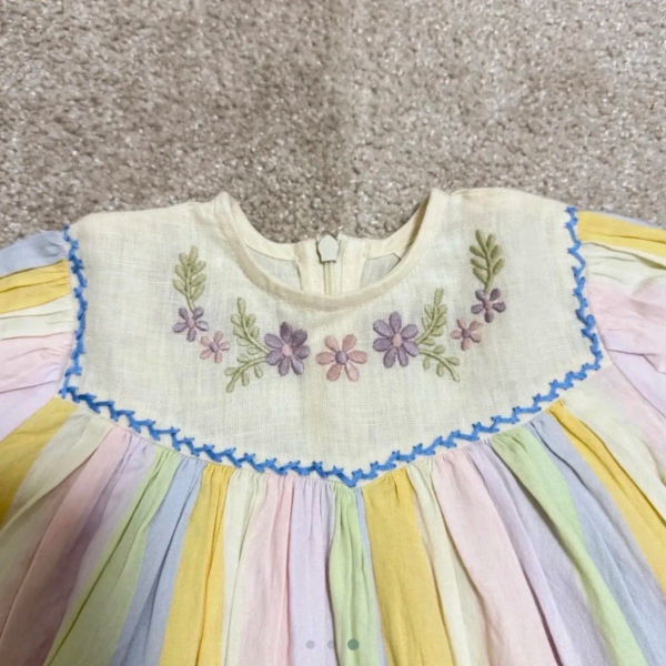 柔美馬卡龍色系條紋刺繡花朵蓬蓬洋裝 image 1 of 0