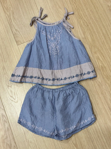 綁帶刺繡無袖上衣與短褲套裝 image 1 of 0