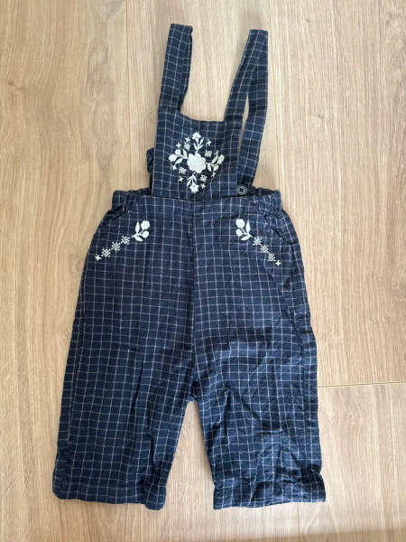 深藍色格紋刺繡吊帶褲 image 1 of 0