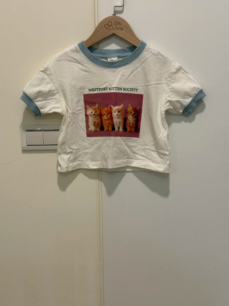 短袖撞色滾邊小貓圖案上衣 image 1 of 0