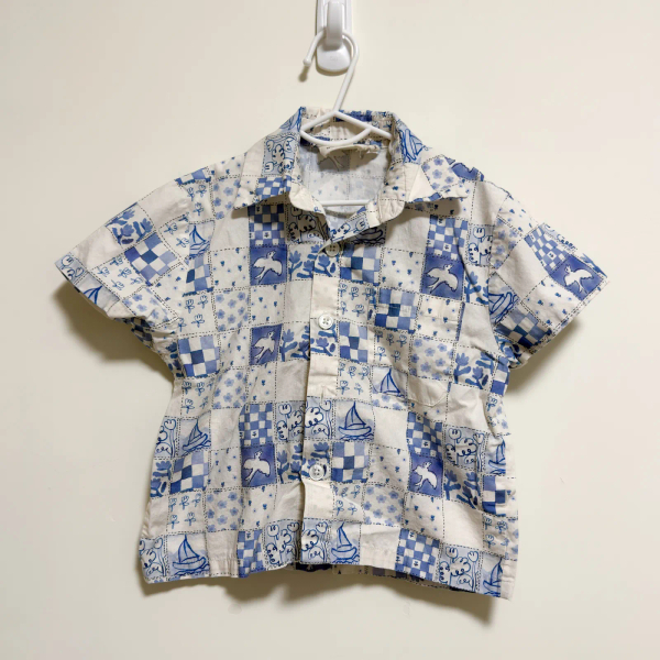 藍白拼布風印花短袖襯衫 image 1 of 0
