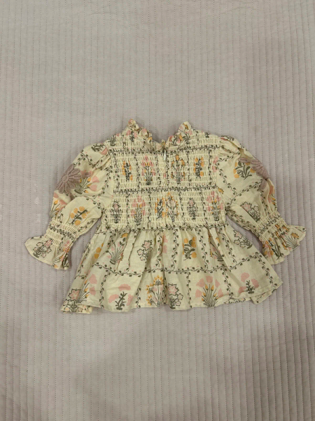 復古碎花荷葉邊抽皺長袖上衣 image 1 of 0