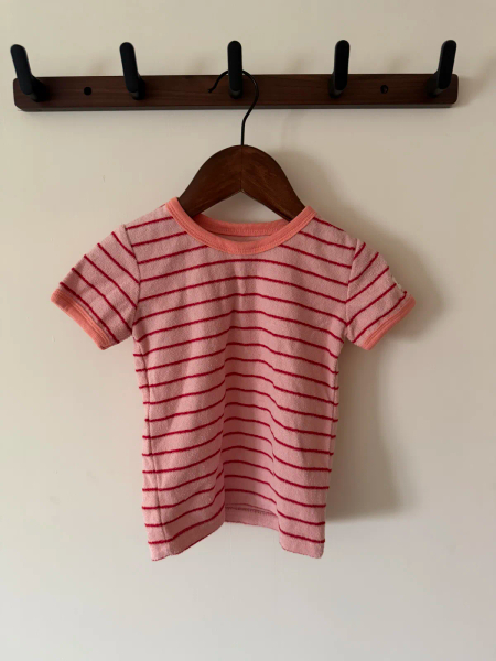 粉色紅條紋短袖毛巾布上衣 image 1 of 0