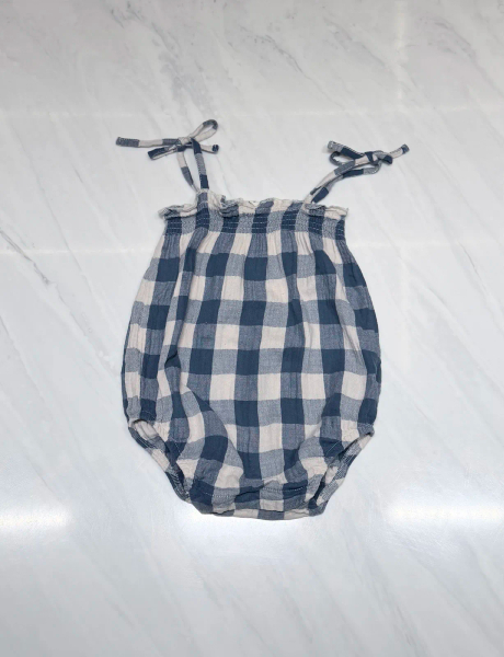 藍色格紋綁帶包屁衣 6-12m image 1 of 0