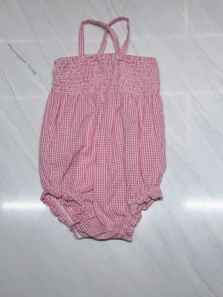 粉色細格紋手工刺繡細肩連身包屁衣 18m image 1 of 0