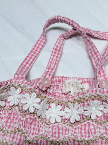 粉色細格紋手工刺繡細肩連身包屁衣 18m image 1 of 0