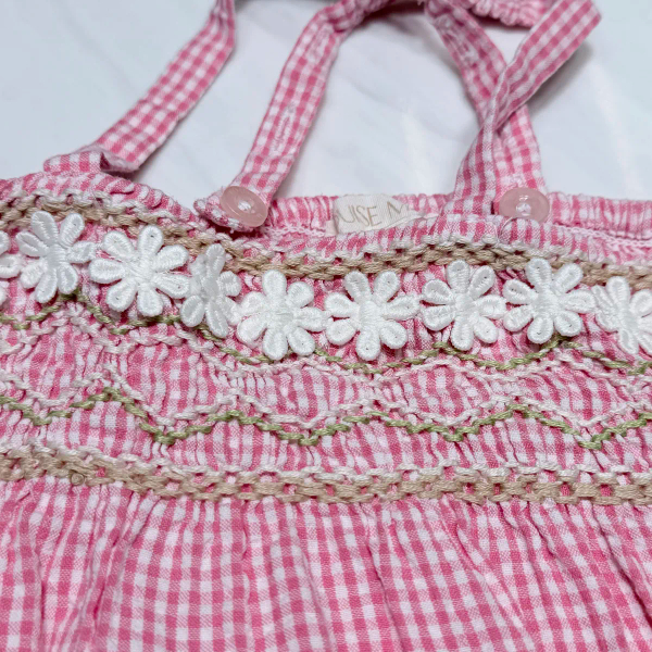 粉色細格紋手工刺繡細肩連身包屁衣 18m image 1 of 0