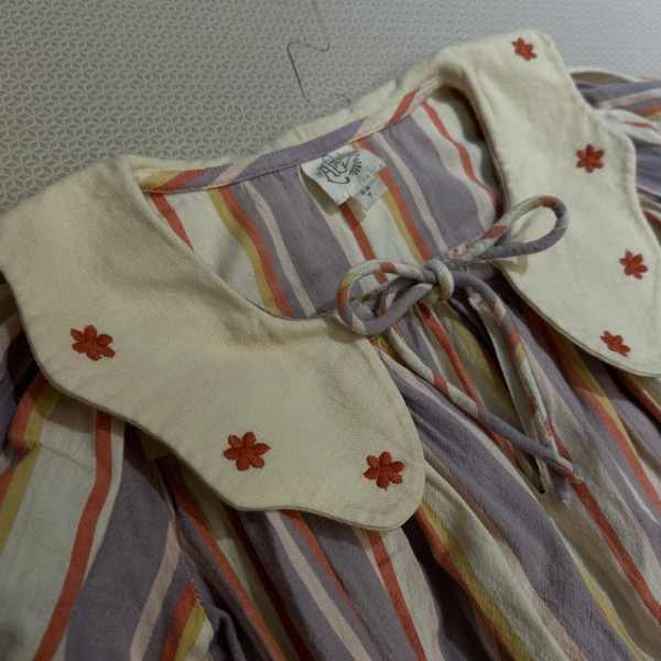 復古條紋花邊領刺繡洋裝 image 1 of 0