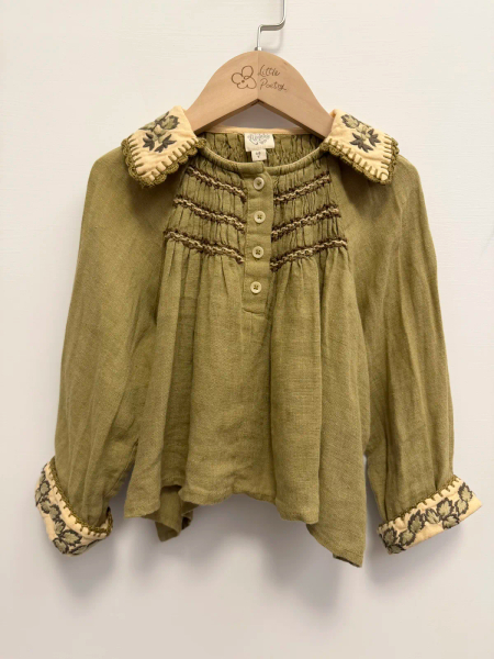 復古風刺繡領亞麻長袖上衣 image 1 of 0