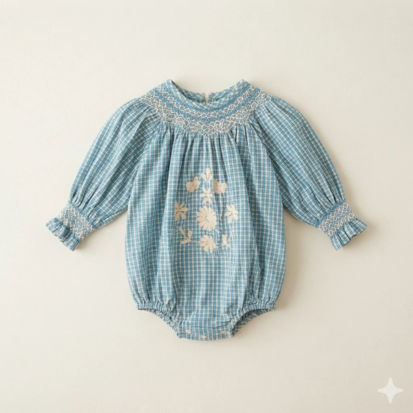 藍色格紋刺繡包屁衣 image 1 of 0