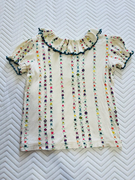 花朵刺繡條紋圓領短袖上衣 image 1 of 0