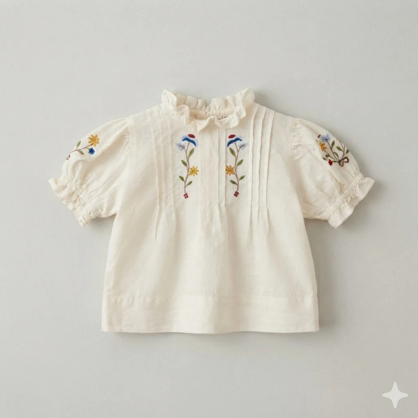 復古宮廷風刺繡花卉荷葉領短袖上衣 image 1 of 0