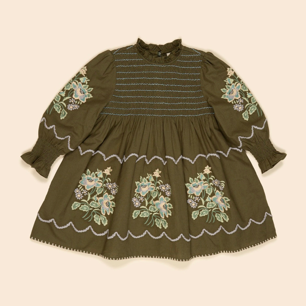 Apolina 荷葉領雕花褶皺棉麻洋裝 MIA DRESS - FOREST image 1 of 0