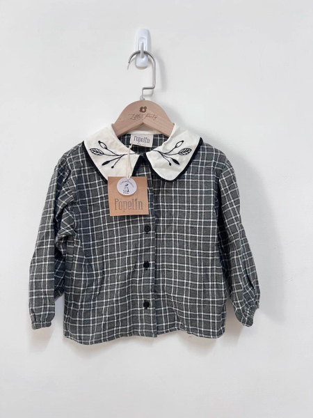 灰色格紋翻領刺繡長袖襯衫 image 1 of 0