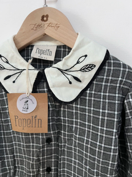 灰色格紋翻領刺繡長袖襯衫 image 1 of 0