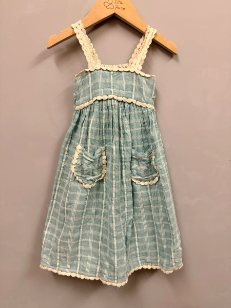淺藍色格紋蕾絲邊吊帶裙 image 1 of 0