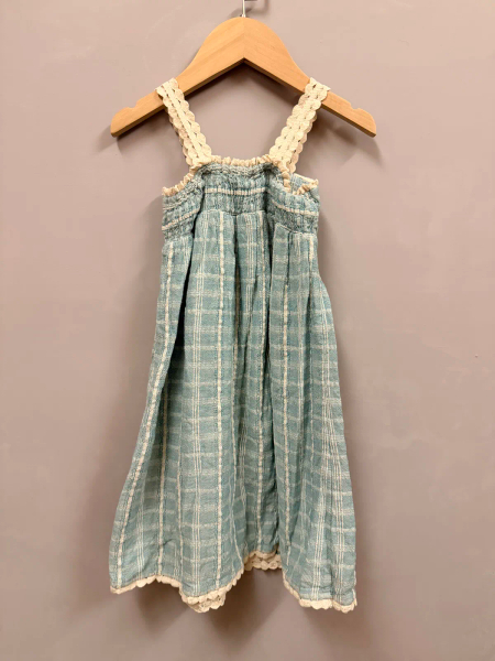 淺藍色格紋蕾絲邊吊帶裙 image 1 of 0