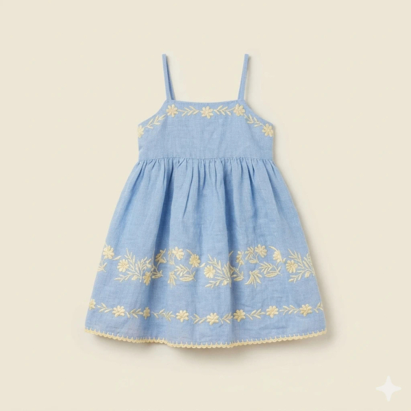 亞麻細肩帶花卉刺繡連身裙 image 1 of 0