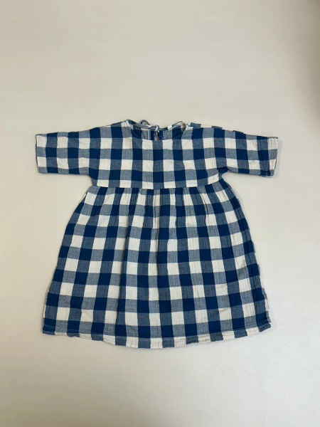 藍白格紋棉質短袖連身洋裝 image 1 of 0