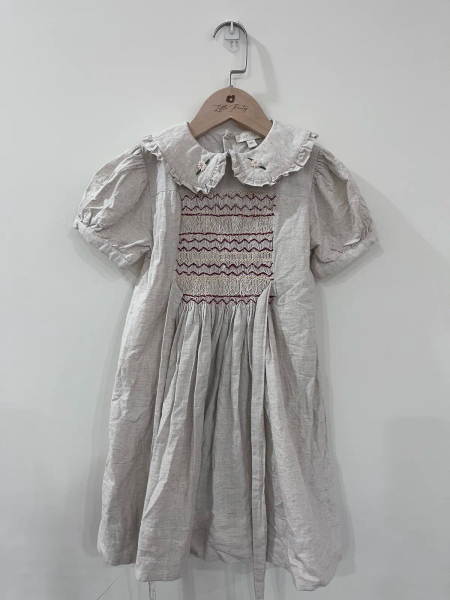 BONJOUR DIARY 綁帶抓褶波浪紋洋裝 HANDSMOCK DRESS - Natural cotton flex image 1 of 0