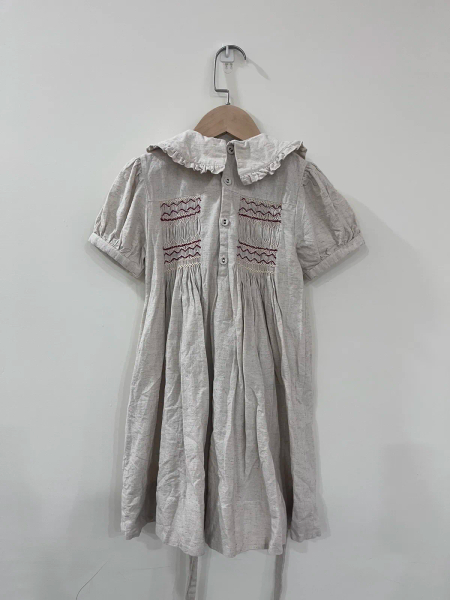 BONJOUR DIARY 綁帶抓褶波浪紋洋裝 HANDSMOCK DRESS - Natural cotton flex image 1 of 0