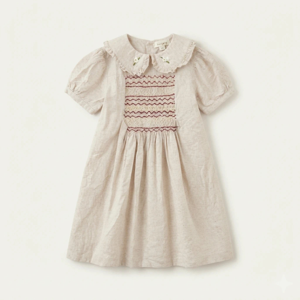 BONJOUR DIARY 綁帶抓褶波浪紋洋裝 HANDSMOCK DRESS - Natural cotton flex image 1 of 0