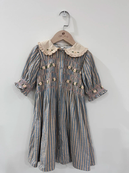 BONJOUR DIARY 小花袖排釦洋裝（藍條紋）ROMANTIQUE TUNIQUE - Blue transat stripe image 1 of 0