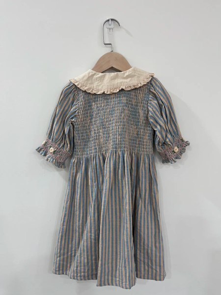 BONJOUR DIARY 小花袖排釦洋裝（藍條紋）ROMANTIQUE TUNIQUE - Blue transat stripe image 1 of 0
