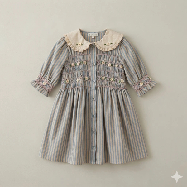 BONJOUR DIARY 小花袖排釦洋裝（藍條紋）ROMANTIQUE TUNIQUE - Blue transat stripe image 1 of 0