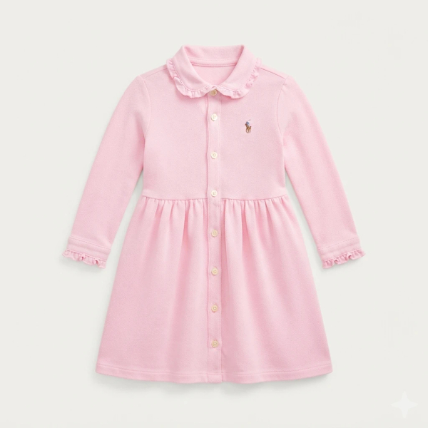 粉色長袖荷葉邊領 Polo 連身裙+小褲 image 1 of 0