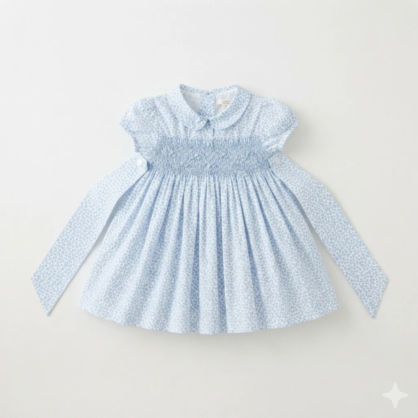 藍色碎花刺繡荷葉領短袖洋裝 image 1 of 0