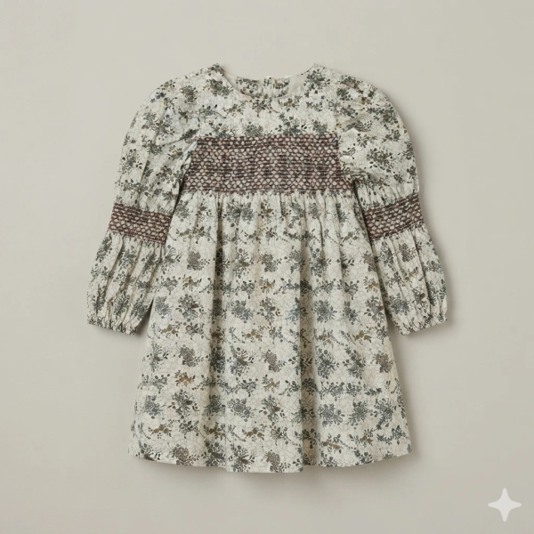 復古碎花長袖刺繡抓皺洋裝 image 1 of 0
