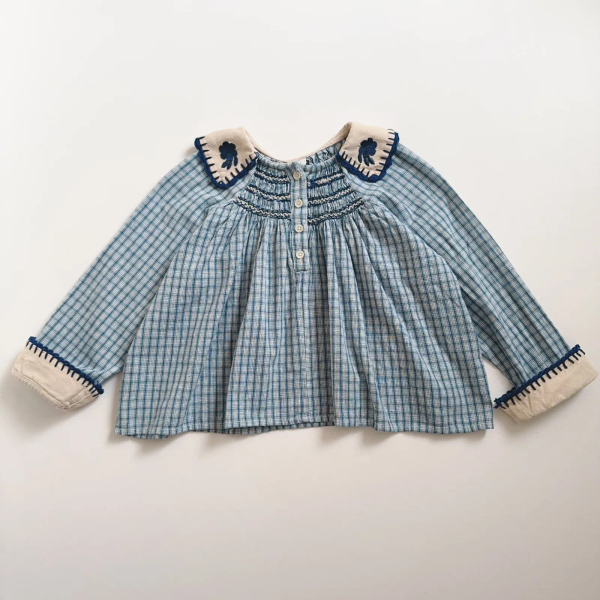 藍色格紋刺繡翻領長袖上衣 image 1 of 0